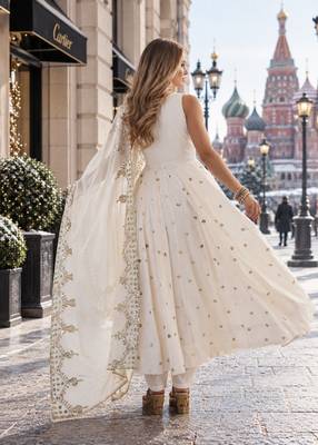 white silk blend readymade anarkali suit with embroidery & sequence work 2