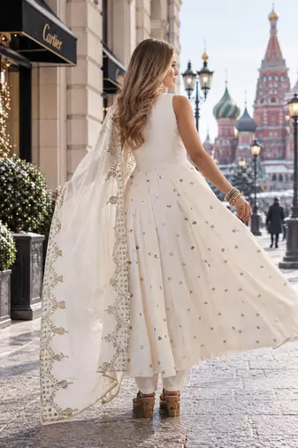 white silk blend readymade anarkali suit with embroidery & sequence work