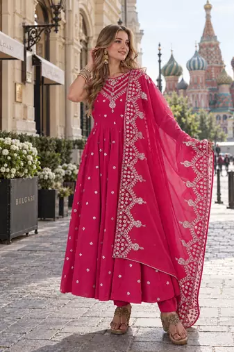 rani silk blend readymade anarkali suit with embroidery & sequence work