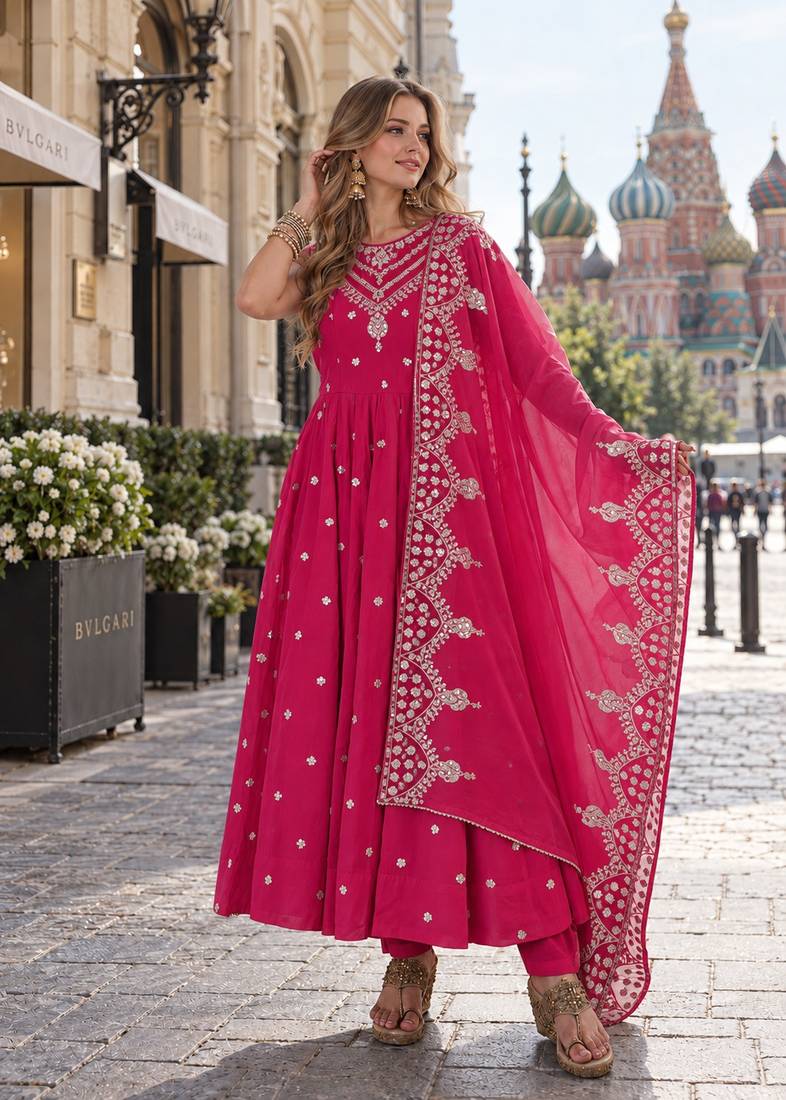 rani silk blend readymade anarkali suit with embroidery & sequence work