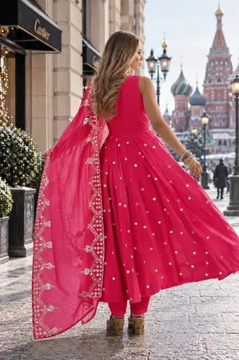 rani silk blend readymade anarkali suit with embroidery & sequence work