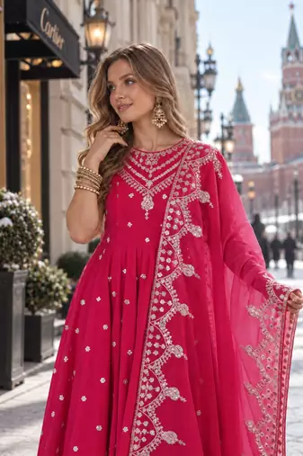 rani silk blend readymade anarkali suit with embroidery & sequence work