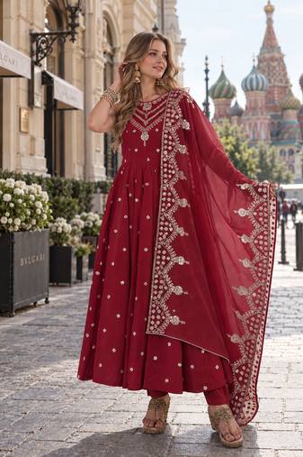 red silk blend readymade anarkali suit with embroidery & sequence work