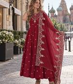 red silk blend readymade anarkali suit with embroidery & sequence work
