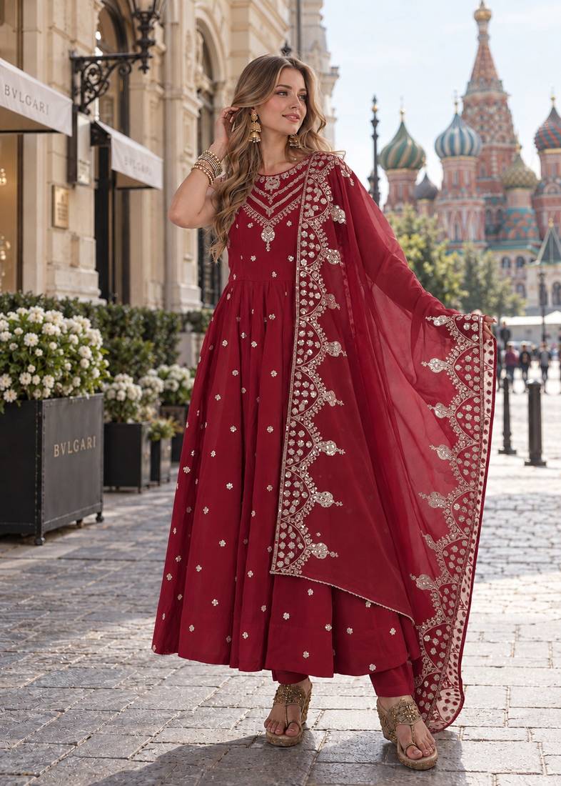 red silk blend readymade anarkali suit with embroidery & sequence work