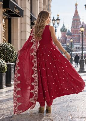 red silk blend readymade anarkali suit with embroidery & sequence work 2