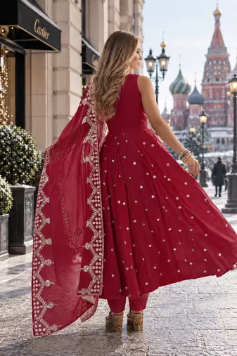red silk blend readymade anarkali suit with embroidery & sequence work