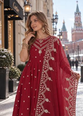 red silk blend readymade anarkali suit with embroidery & sequence work 3