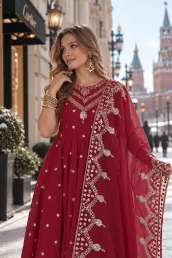 red silk blend readymade anarkali suit with embroidery & sequence work