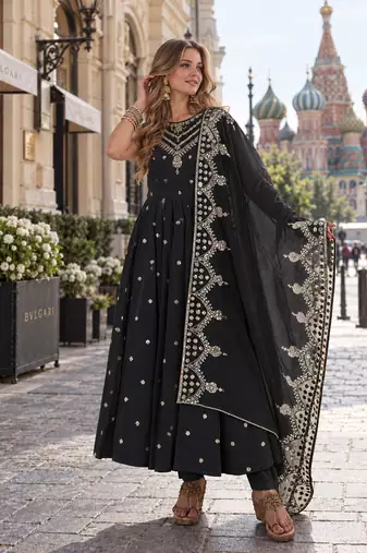 black silk blend readymade anarkali suit with embroidery & sequence work