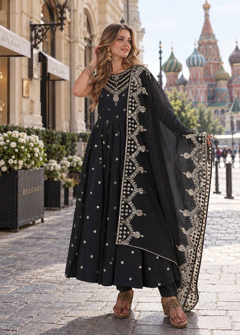 black silk blend readymade anarkali suit with embroidery & sequence work
