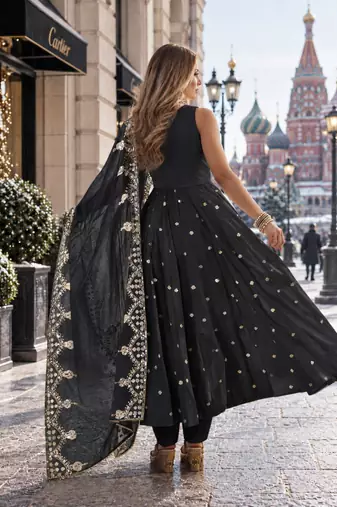 black silk blend readymade anarkali suit with embroidery & sequence work