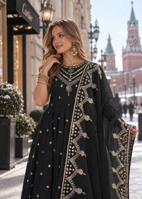 black silk blend readymade anarkali suit with embroidery & sequence work 3