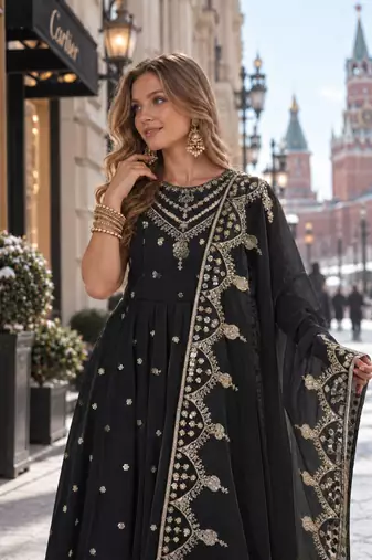 black silk blend readymade anarkali suit with embroidery & sequence work