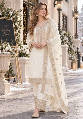 white silk blend readymade suit with embroidery & sequence work 1
