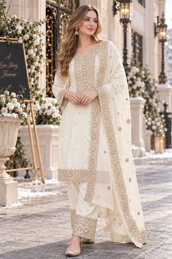 white silk blend readymade suit with embroidery & sequence work