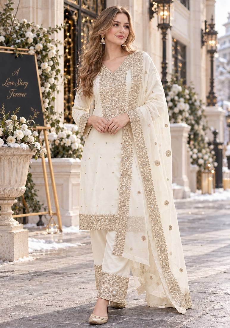 white silk blend readymade suit with embroidery & sequence work