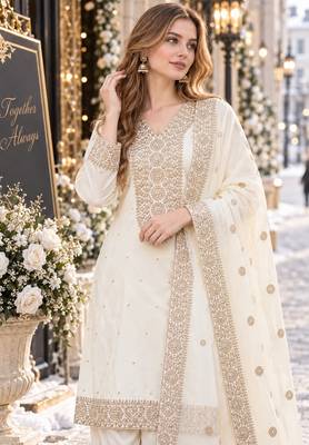 white silk blend readymade suit with embroidery & sequence work 2