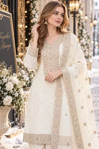 white silk blend readymade suit with embroidery & sequence work