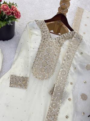 white silk blend readymade suit with embroidery & sequence work 3