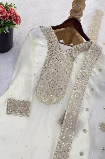 white silk blend readymade suit with embroidery & sequence work