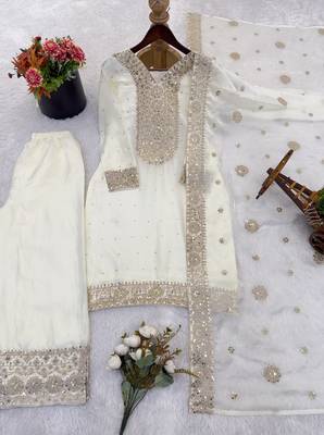 white silk blend readymade suit with embroidery & sequence work 4