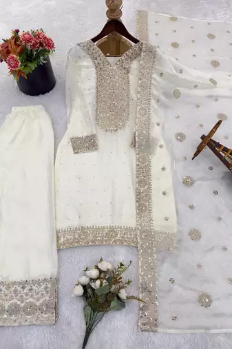 white silk blend readymade suit with embroidery & sequence work