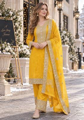 yellow silk blend readymade suit with embroidery & sequence work 1