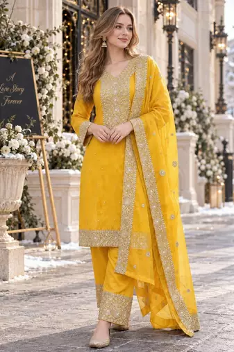 yellow silk blend readymade suit with embroidery & sequence work
