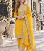 yellow silk blend readymade suit with embroidery & sequence work