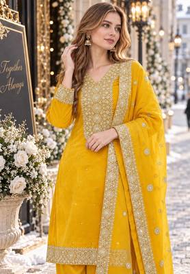 yellow silk blend readymade suit with embroidery & sequence work 2