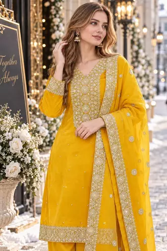 yellow silk blend readymade suit with embroidery & sequence work