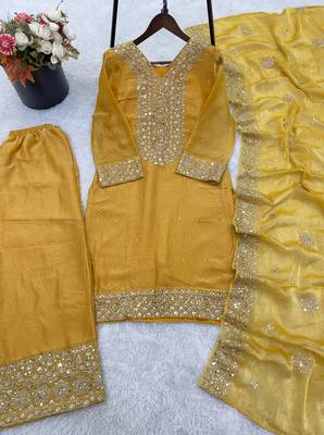 yellow silk blend readymade suit with embroidery & sequence work 3