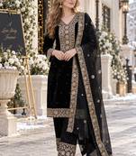 black silk blend readymade suit with embroidery & sequence work