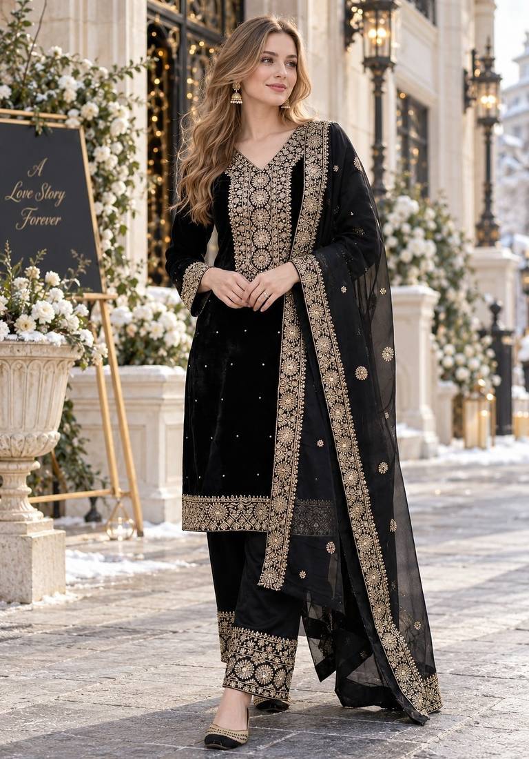 black silk blend readymade suit with embroidery & sequence work