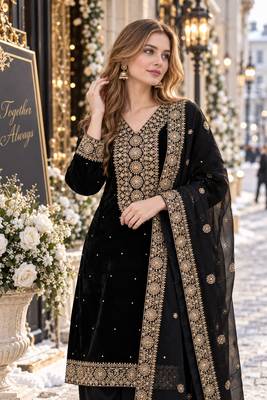 black silk blend readymade suit with embroidery & sequence work 2