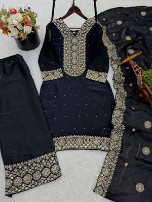 black silk blend readymade suit with embroidery & sequence work 3