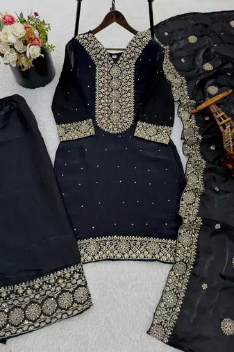 black silk blend readymade suit with embroidery & sequence work