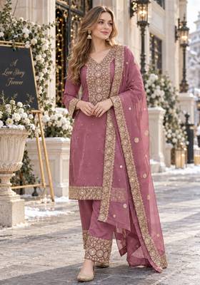 pink silk blend readymade suit with embroidery & sequence work 1