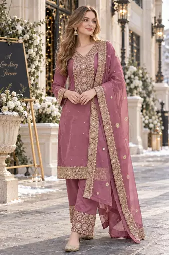 pink silk blend readymade suit with embroidery & sequence work