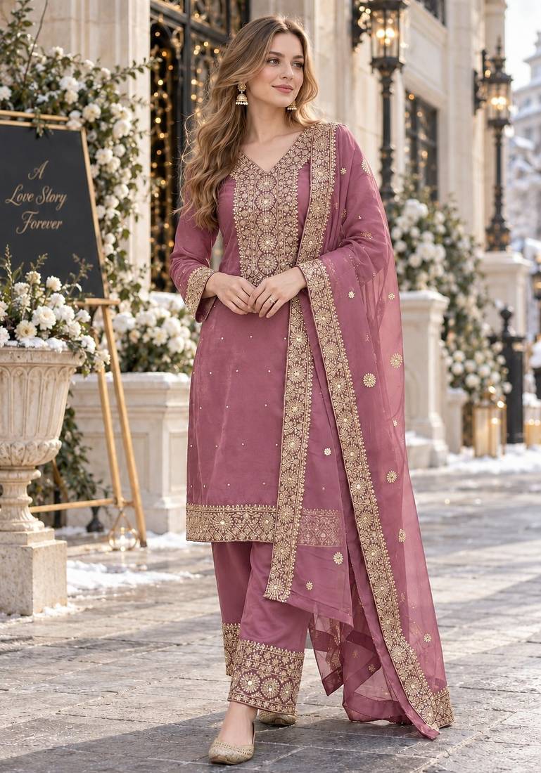 pink silk blend readymade suit with embroidery & sequence work