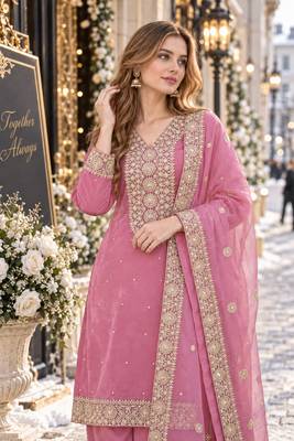pink silk blend readymade suit with embroidery & sequence work 2