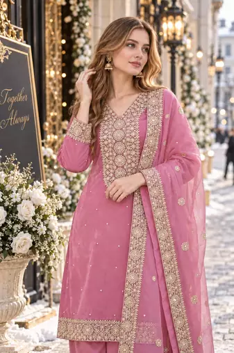 pink silk blend readymade suit with embroidery & sequence work