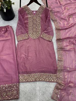pink silk blend readymade suit with embroidery & sequence work 4