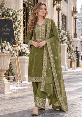 mehendi silk blend readymade suit with embroidery & sequence work 1