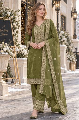 mehendi silk blend readymade suit with embroidery & sequence work