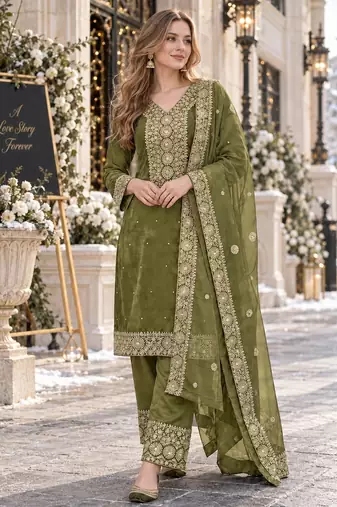 mehendi silk blend readymade suit with embroidery & sequence work