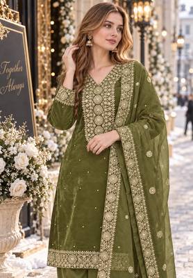 mehendi silk blend readymade suit with embroidery & sequence work 2