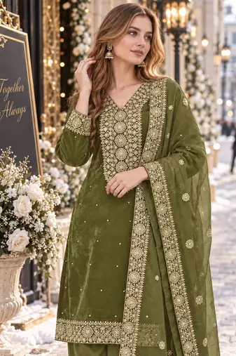 mehendi silk blend readymade suit with embroidery & sequence work