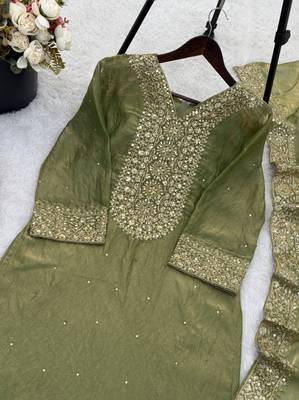 mehendi silk blend readymade suit with embroidery & sequence work 3